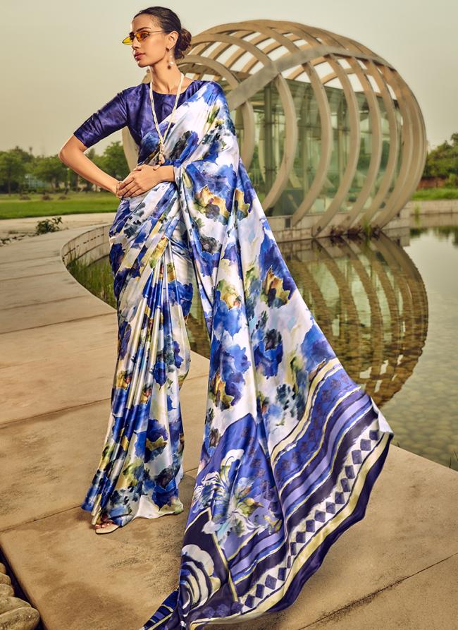 Crepe Satin Blue Traditional Wear Digital Printed Saree